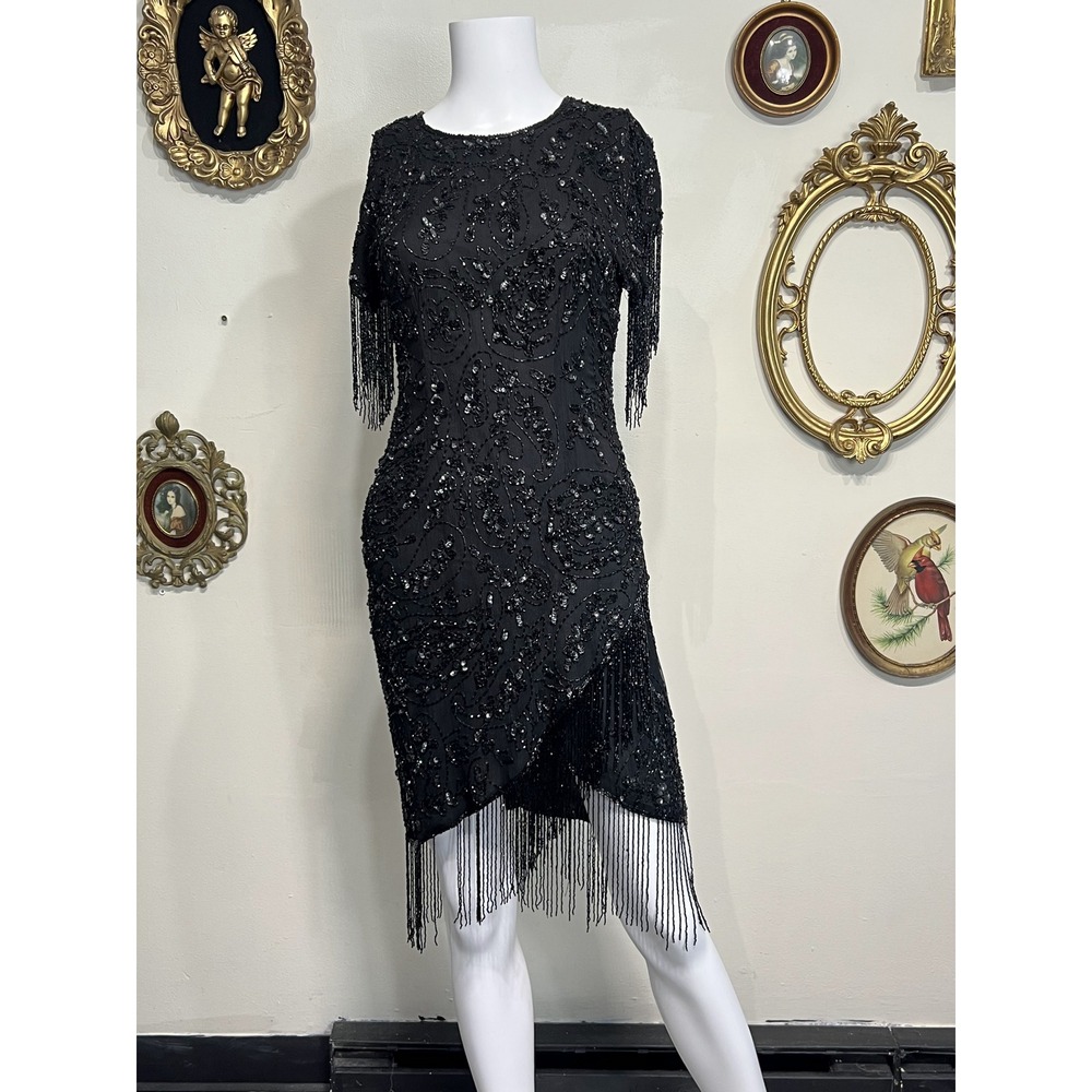 Vintage Sténay Black 100% Silk Beaded Sequin Fringe Flapper Cocktail Dress XS